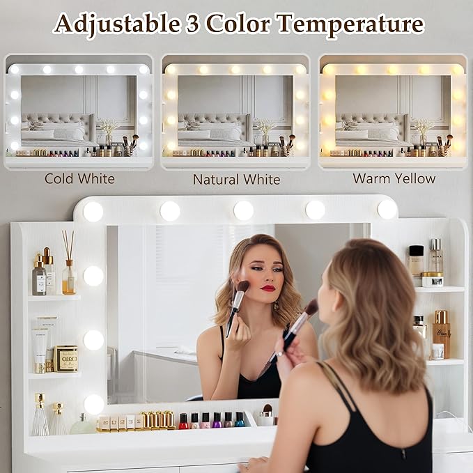 Makeup Vanity Desk with Lights, 45.5" Large Vanity with Mirror and Lights in 3 Models, Vanity with Power Outlet, Vanity Desk with 5 Drawers, 2 Cabinets, Shelves for Bedroom, White