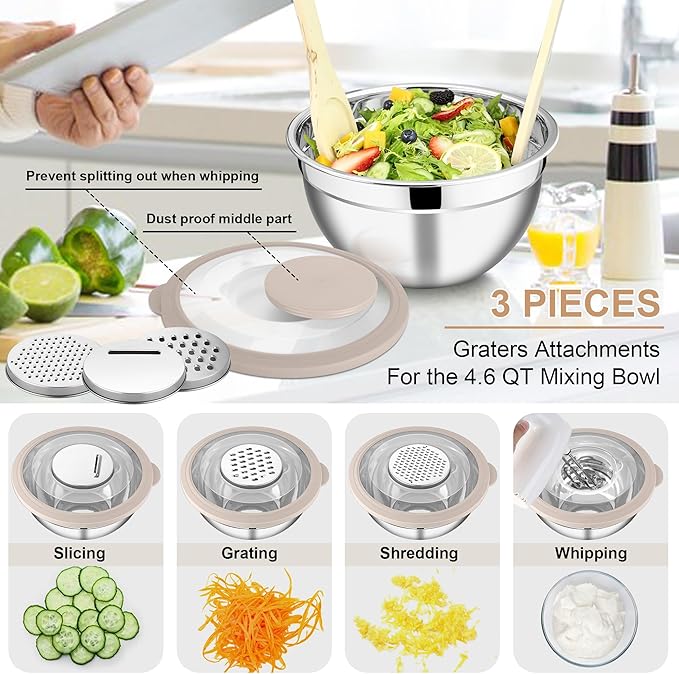 E-far Mixing Bowls with Lids and Graters, Stainless Steel Salad Mixing Bowl with Transparent Lid Set of 3, Metal Nesting Salad Storage for Kitchen Prepping/Serving/Baking, 4.6/2.6/1.5QT - Khaki