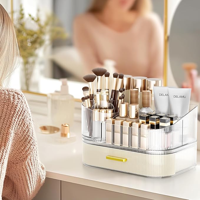 Delamu Makeup Organizer for Vanity with Stackable Drawers, 360 Rotating Makeup Brush Holder Large Cosmetic Display Case for Dresser, Bathroom Countertop Skincare Organizers and Storage, Elegant White