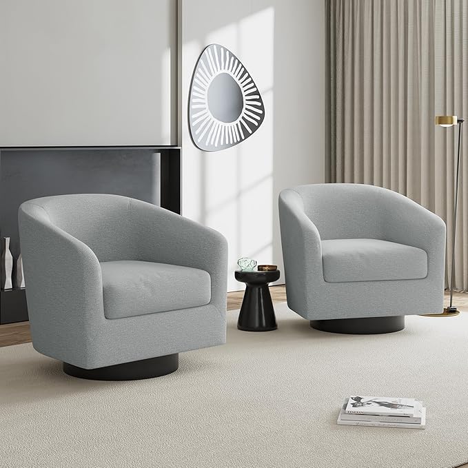 UIXE Swivel Accent Chairs Set of 2, Chenille Barrel Chair Upholstered Armchair for Living Room, Modern Round Arm Chair Small Single Sofa Bedroom Reading Seat - Light Gray