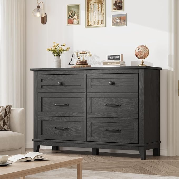 GarveeHome 6 Dresser for Bedroom, 47" Wide Drawer Dresser with Storage Freestanding, Wooden Closet Storage Chest for Living Room, Bedroom, Entryway, Black