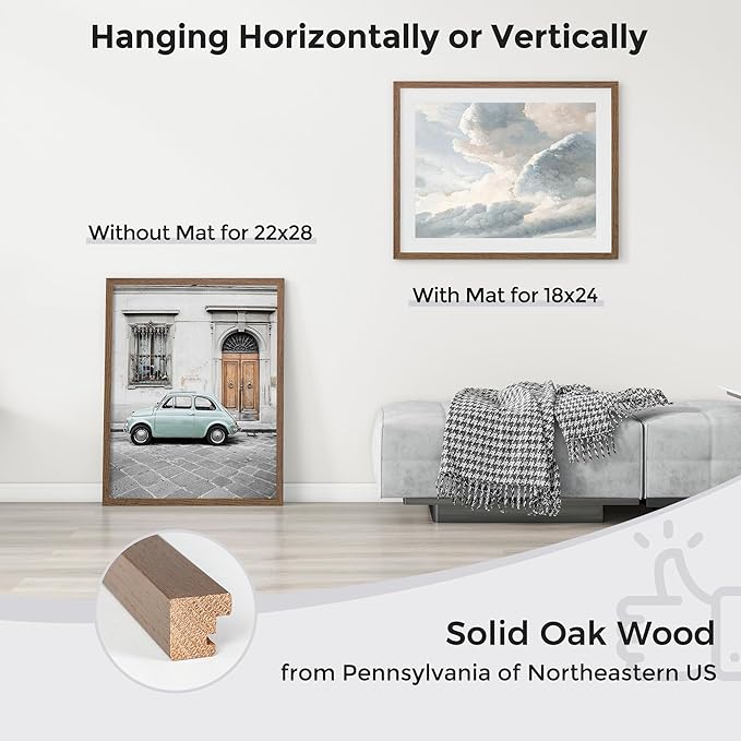 Axeman 22x28 Picture Frame with Mat for 18x24, Solid Oak Wood Poster Frame with Tempered Glass, Wooden 22''x28'' Minimalist Photo Frame Puzzle Frame with Wall Hooks for Art Photo and Prints, Walnut