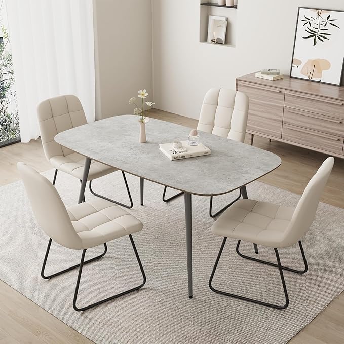 47.2'' Dining Table Set for 4,Modern Wood Dining Table,Leather Dining Chairs 4,Table and Chairs Set of 4,Ideal for Kitchen Dining Room (Gray Table + 4 U-Shaped White Chairs, 47.2")