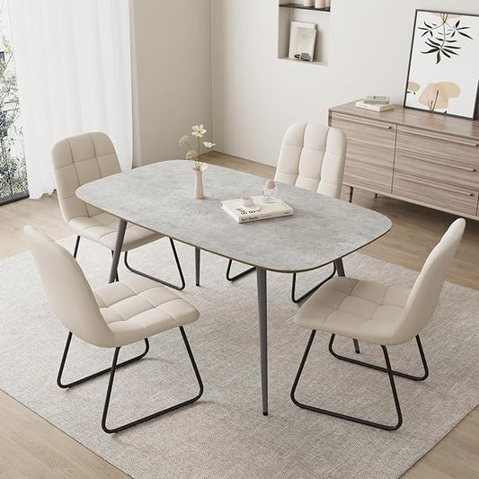 47.2'' Dining Table Set for 4,Modern Wood Dining Table,Leather Dining Chairs 4,Table and Chairs Set of 4,Ideal for Kitchen Dining Room (Gray Table + 4 U-Shaped White Chairs, 47.2")