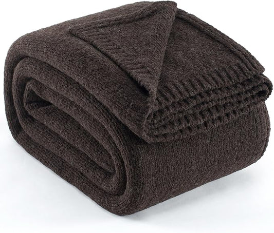 Carriediosa Wool Blend Knit Throw Blanket 50" X 60", 50% Recycled Polyester Soft Cable Knitted Fluffy Throws for Couch Lightweight Woven Blankets for Sofa Fuzzy Cozy Bed Cover, Chestnut Brown
