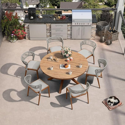 PURPLE LEAF 7 Pieces Round Patio Dining Set Outdoor Furniture with Rattan Chairs for Lawn Garden Backyard Aluminum Table Sets Deep Teak Outdoor Set