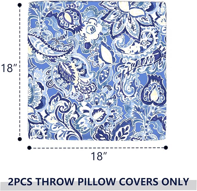 Outdoor Throw Pillow Covers 18”x18”, Decorative Pillow Covers for Patio Furniture, Modern Cushion Cases for Garden Couch Home Sofa Bed Office Chair, Pack of 2,Floral Bluish Violet