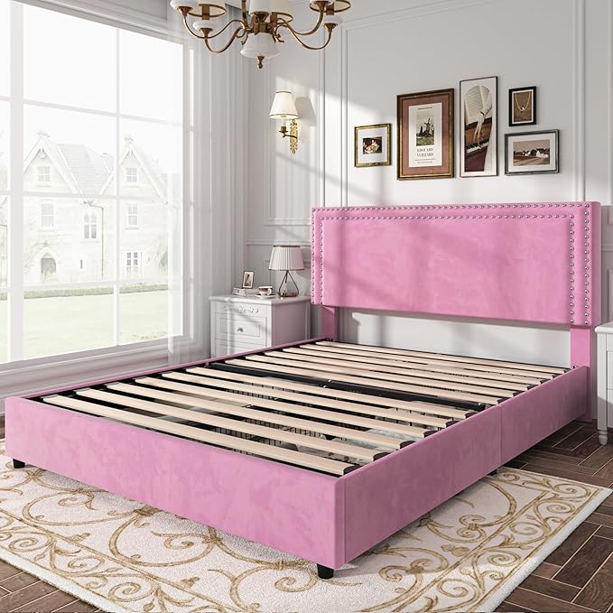 VECELO Queen Size Upholstered Platform Bed Frame with 4 Storage Drawers, Adjustable Velvet Rivet Decor Headboard, Wooden Slats Support, No Box Spring Needed, Easy Assembly