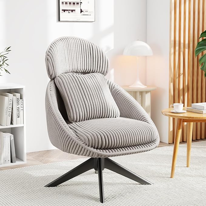Furniliving Modern Living Room Chair, Swivel Accent Chair for Living Room Desk Chair with Arms Bedroom Chair with Headrest Sofa Chair Side Chair with Pillow Armchair,Corduroy, Grey
