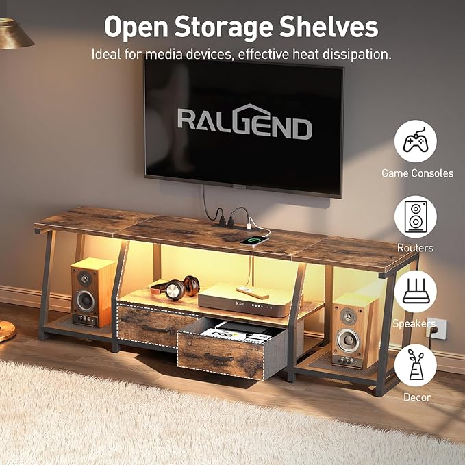 LED TV Stand with Fabric Drawers for 75 Inch TV, Entertainment Center with Power Outlets and Open Storage Shelves, Industrial Media TV Console Table for Living Room, Bedroom, Rustic Brown