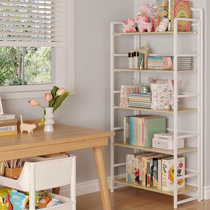 JSB No Assembly Folding Bookshelf, 5 Tier Book Shelf for Storage, Vintage Wood Foldable Bookcase for Living Room, Bedroom, Office Organization Shelves