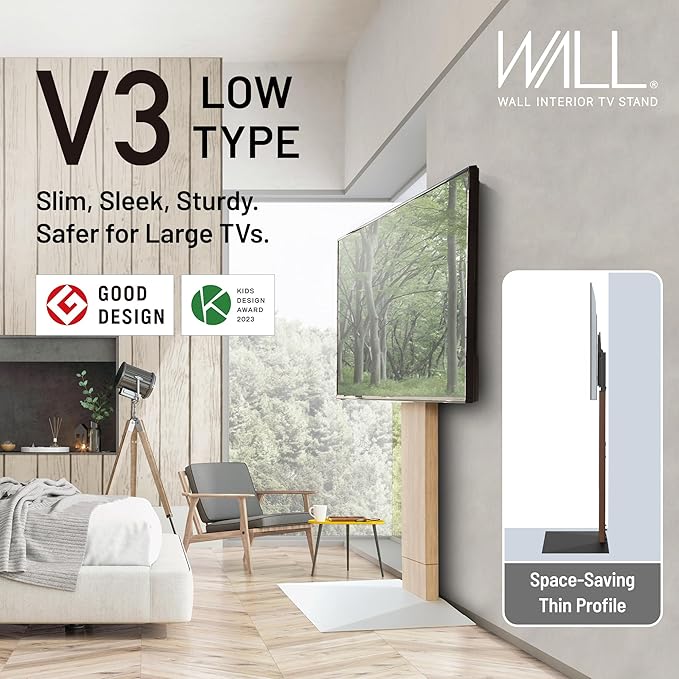 WALL V3 High Type | Sleek 32-80 Inch Universal Ultra Thin TV Stand | White Oak | for Living Room and Bedroom, Space Saving, Adjustable Mount, No Drill, Japan-Engineered Design