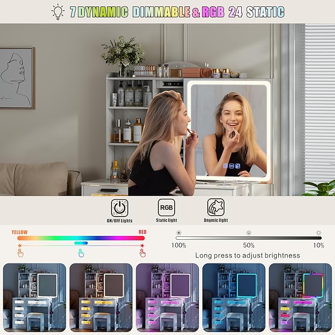 Vanity Desk with Sliding Vanity Mirror and RGB Lights,Makeup Vanity Desk with Charging Station,LED Vanity Table with Hidden Storage,Dressing Table Set with Stool&5 Drawers for Bedroom,White