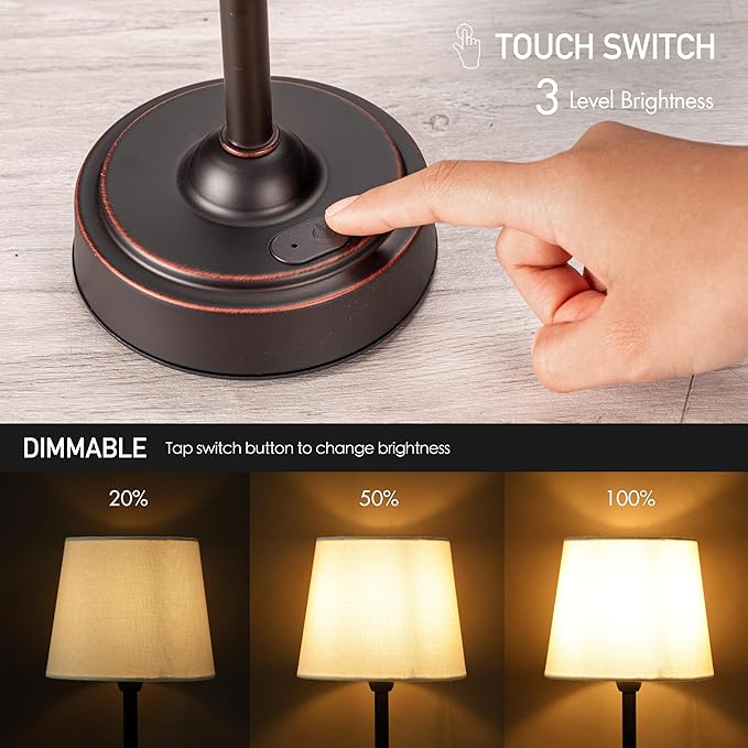 O’Bright Seraph - Cordless LED Table Lamp with Dimmer, Built-in Rechargeable Battery, 3-Level Brightness, Patio Table Lamp, Bedside Night Lamp, Ambient Light for Restaurant, Oil Rubbed Bronze