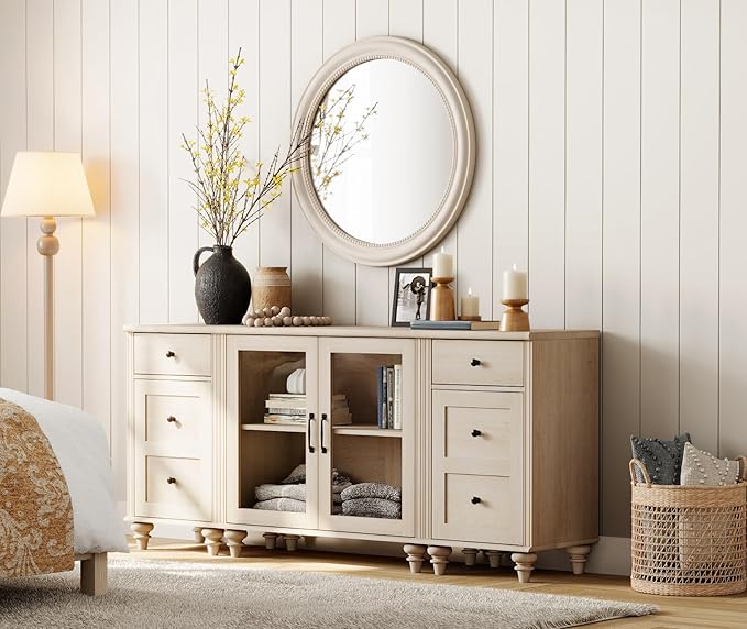 WAMPAT TV Stand for 75 Inch TV, Wood TV Cabinet Entertainment Center with Charging Station, Glass Door Buffet Cabinet for Dining Room, Light Oak