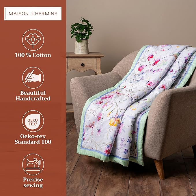 Maison d' Hermine Throw Blanket for Couch Lightweight Soft Warm Breathable Cotton Throw Blankets for Bed Girls Boys Women Men Gifts Sofa Travel Living Room Chair Bedding (60"x80", Summer Floral)