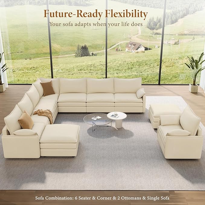 Vesgantti Large Modular Sectional Sofa, Big Comfy Cloud Couch with Ottoman Deep Seat Chenille Cloud Sofa, 9 Seater Large Sectional Couches for Living Room, Bedroom and Apartment, Beige