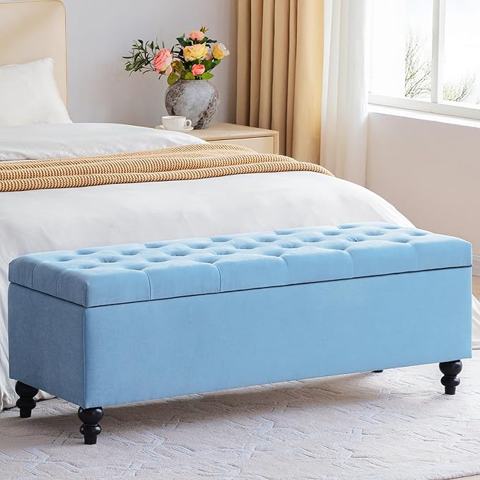 HUIMO 50-inch Storage Ottoman Bench in Upholstered Fabrics, Button-Tufted Large Window Bench for Bedroom, Living Room, End of Bed Bench Hold Up to 300lbs (Light Blue), OT1-1