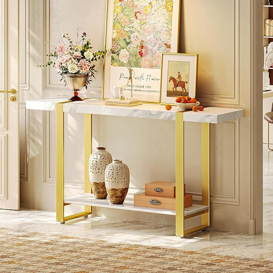 Huuger 47.2 Inch Entryway Table with Marble Top, 2-Tier Modern Console Sofa Table with Storage, Accent Table, for Entry, Hallway, Entrance, Foyer, T-Shaped Metal Frame, White Marble & Gold