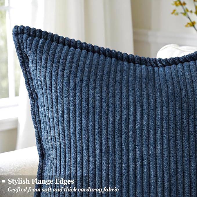 decorUhome Corduroy Navy Blue Throw Pillow Covers 12x20 Set of 2 Decorative Soft Boho Striped Lumbar Neutral Euro Farmhouse Couch Pillow Covers with Broadside for Living Room Bed Sofa