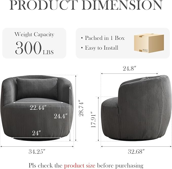 Aoiy & Wifon 34.25" W Swivel Barrel Chair, Upholstered Round Small Accent Chair, Single Comfy Barrel Chair for Living Room, Corduroy, Charcoal