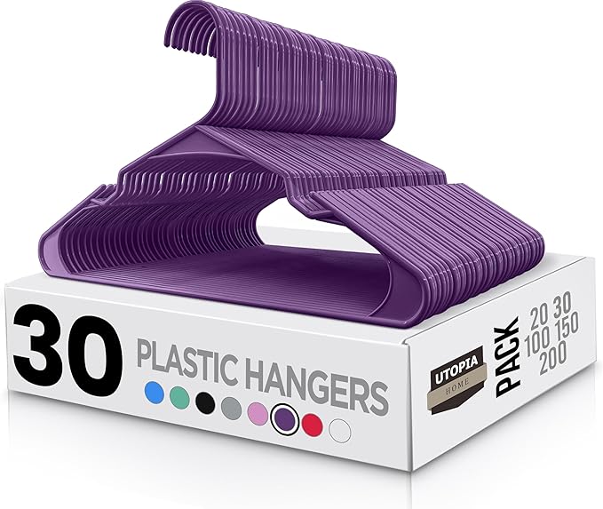 Utopia Home Plastic Hangers 30 Pack - Perfect Space Saving Clothes Hanger - Durable and Strong - Perfect Closet Organizers with Shoulder Grooves (Purple)