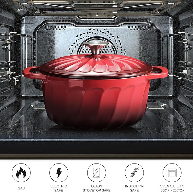 Enameled Cast Iron Dutch Oven with Lid, 3 QT Dutch Oven Pot for Bread Baking, Heavy Duty Cast Iron Pot for Braising, Cook, Bake, Oven Safe across All Cooktops (Gradient Red,3 QT)