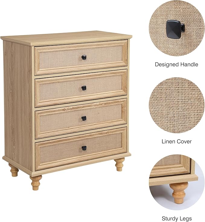 ORRD 8 Drawer Dresser for Bedroom, Mid Century Modern Wide Wood Rustic Chest of Drawers Wooden Storage Organizer Dressers with Burlap Rattan Drawers for Living Room, Hallway Closet, Entryway, Natural