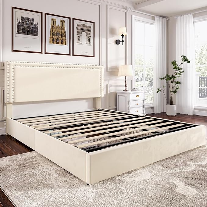 VECELO King Size Upholstered Platform Bed Frame with 4 Storage Drawers, Adjustable Velvet Rivet Decor Headboard, Wooden Slats Support, No Box Spring Needed, Easy Assembly