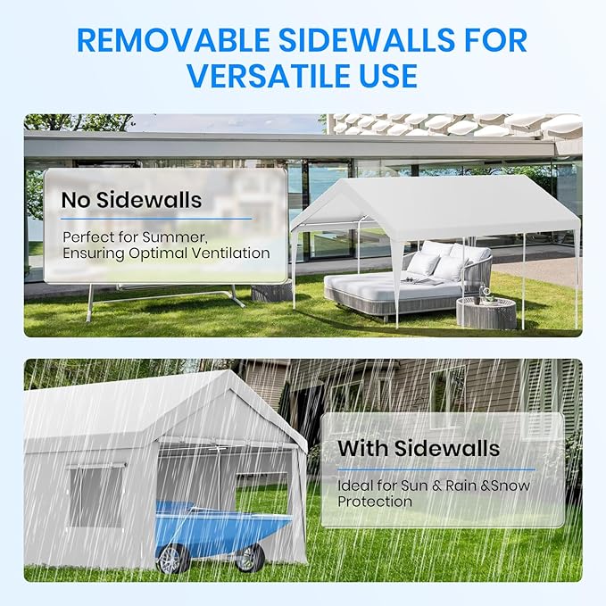 Carport 10x20 Heavy Duty Portable Garage,Carport Canopy with Roll-Up Windows & Doors,Portable Garage and Shelter with Removable Sidewalls,Car Tent Garage with All-Season Tarp for Bike Truck Lawnmower