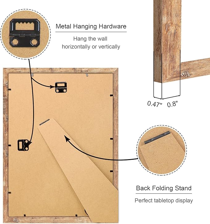 10x14 Picture Frame Set of 4, 10 x 14 Wood Photo Frames with Mat for 8x12 or 30x40cm Diamond Painting Art, Wooden Frame with Real Glass Cover for Wall and Tabletop Display,Brown