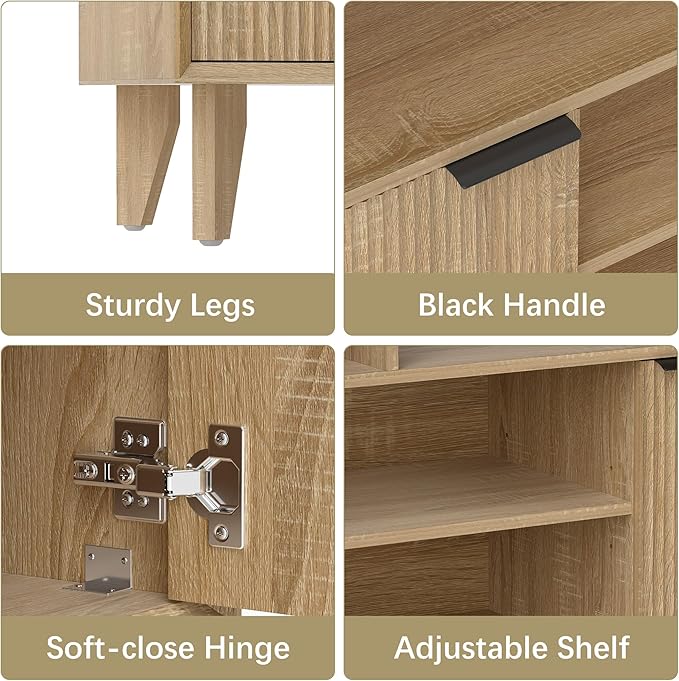 Fluted TV Stand for 70 inch，Entertainment Center with Storage Cabinets, Modern TV Console with Open Adjustable Shelves, TV Stand for Living Room Bedroom, Natural