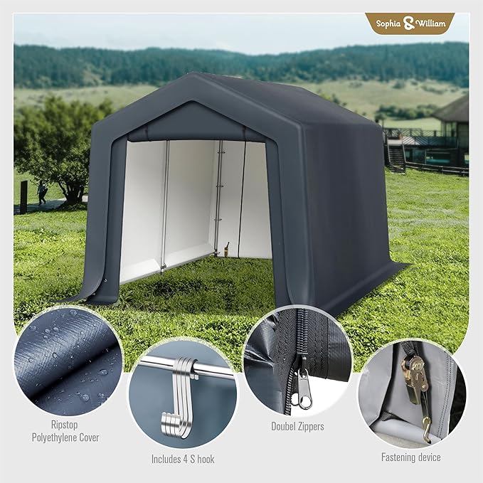Sophia & William Outdoor Storage Shed Carport 8x12 ft Heavy Duty, Portable Garden Yard Car Port Shelter Storage Tent Garage with Roll Up Doors and Ventilation, Grey