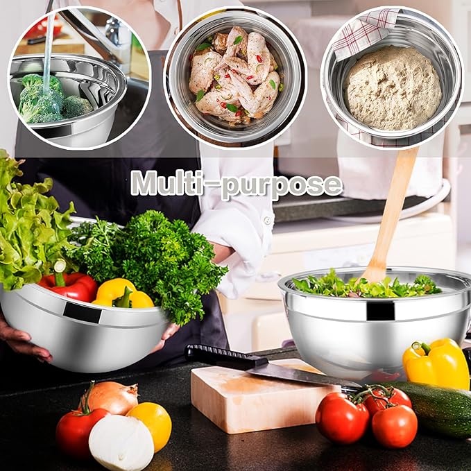 E-far Stainless Steel Mixing Bowls with Lids, 7-Piece Metal Mixing Bowls with Khaki Airtight Lids for Baking/Cooking/Prepping, Size 7, 4.6, 3, 2, 1.5, 1, 0.7QT, Nesting Design & Easy Storage