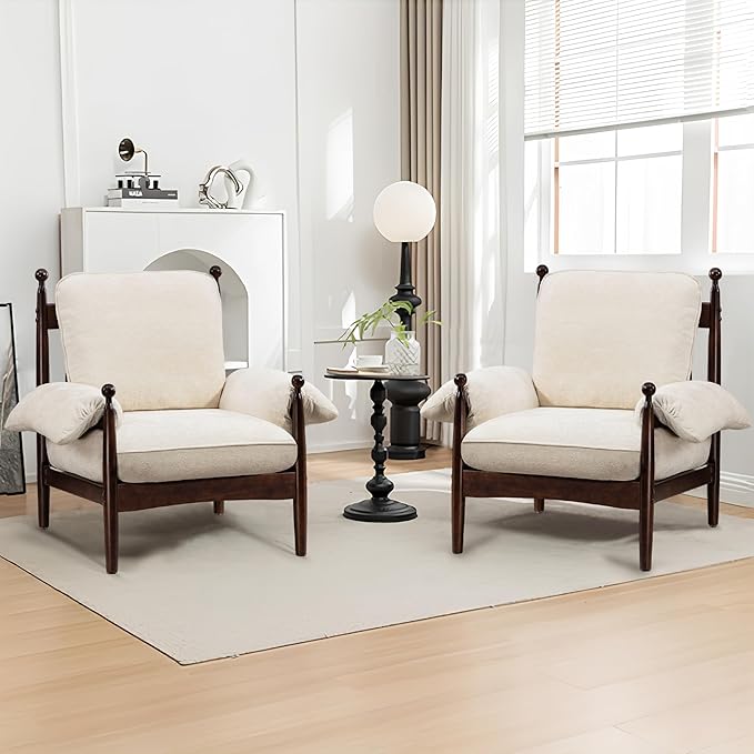 Mid Century Modern Accent Chair with Arms, Upholstered Spindle Chair with Wood Frame, High-Resilience Sponge Cushion for Living Room Bedroom Office