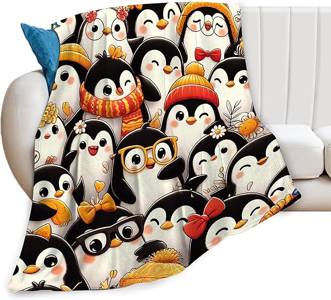 Funny Penguin Blanket Soft Warm Cute Kawaii Penguin Plush Throw Blanket Cozy Flannel Fuzzy Fleece Bedding Stuff Animal Decor Blanket Gifts for Lover Girls Boys Kids Teens Adults Women 60"x80"
