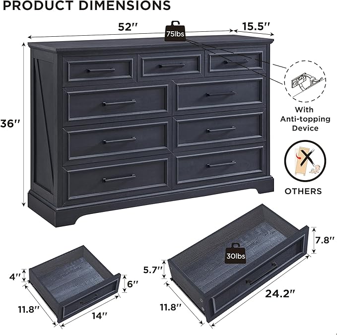 Farmhouse 9 Drawer Dresser for Bedroom, 36 Inch Tall Modern Dresser TV Stand with Large Drawers & Bar Handles, Rustic Wood Chest of Drawers for Bedroom, Living Room, Hallway, Black