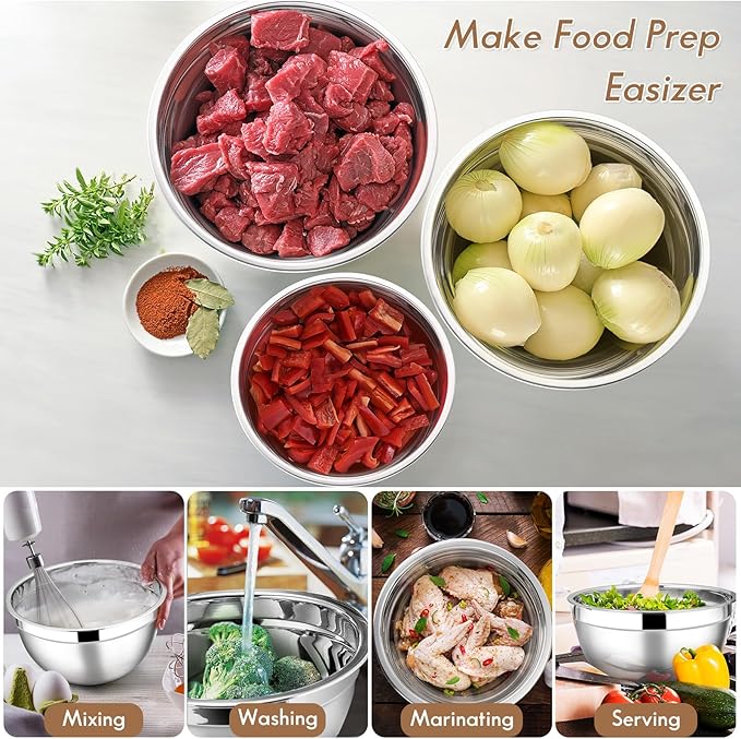 E-far Stainless Steel Mixing Bowls with Lids, 5-Pack Metal Nesting Bowls with Airtight Covers for Cooking, Baking, Serving, Storage, Non-toxic & Dishwasher Safe, Size 4.6/3/1.5/1/0.7QT - Khaki