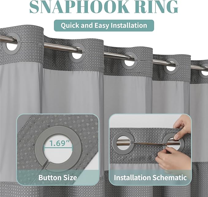 Grey No Hook Waffle Weave Shower Curtain with snap-in Liner Replacement, 230GSM Waterproof Fabric Hotel Shower Curtain Set for Bathroom, Through Mesh Top Window,60Wx74H