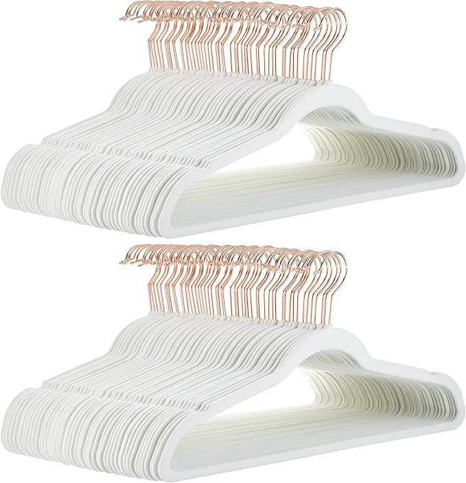 Amazon Basics Slim, Velvet, Non-Slip Suit Clothes Hangers, Ivory/Rose Gold - Pack of 100