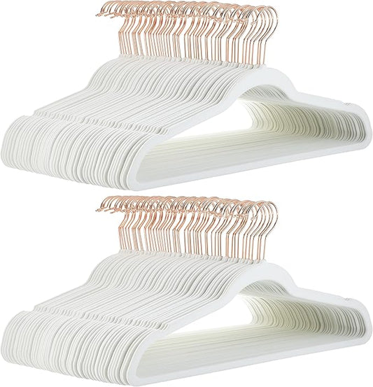 Amazon Basics Slim, Velvet, Non-Slip Suit Clothes Hangers, Ivory/Rose Gold - Pack of 100