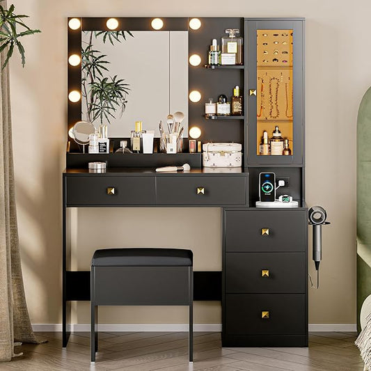 Vanity Desk with Mirror and Lights, Black Makeup Vanity with 5 Drawers Hidden Jewelry Organizer& LED Glass Cabinet,3 Light Mode and Brightness Adjusted,Vanity Mirror with Lights Desk and Chair