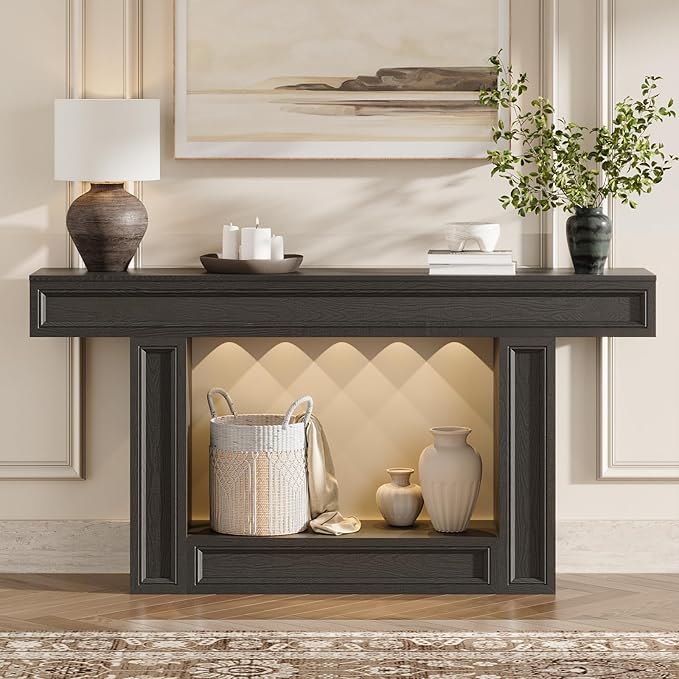 Rresyet 63" Console Table, 2-Tier Entryway Table with Sensor Lights, Coffee Table Behind The Sofa, with U-Shaped Base Suitable for Entryways, Living Rooms, Corridors, and Foyers(Black)