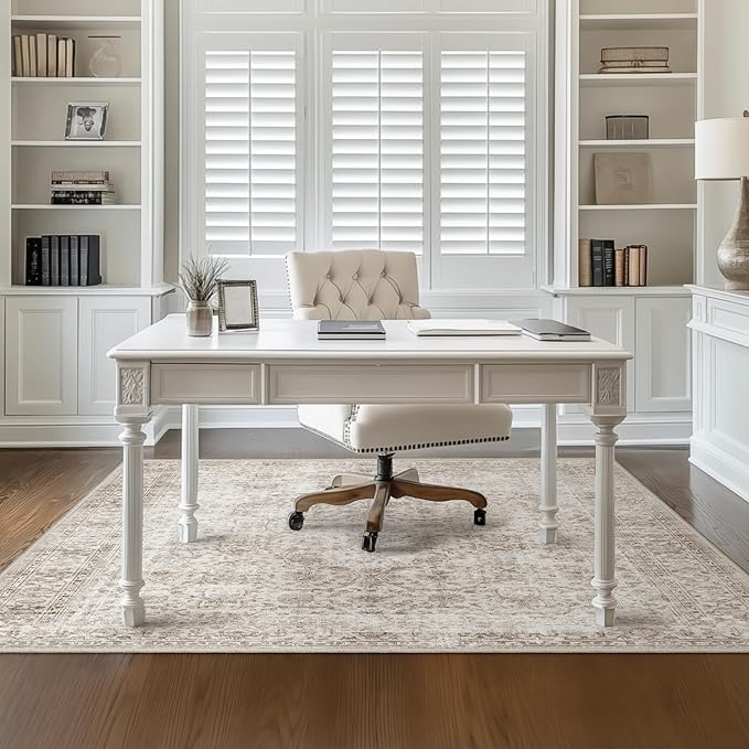 FMFUNCTEX 3x5 Washable Area Rug Beige Vintage Neutral Non Slip Low Pile Traditional Retro Indoor Carpet for Entryway Entrance Soft Floral Throw Rug Living Room Bedroom Kitchen Dining Office Laundry