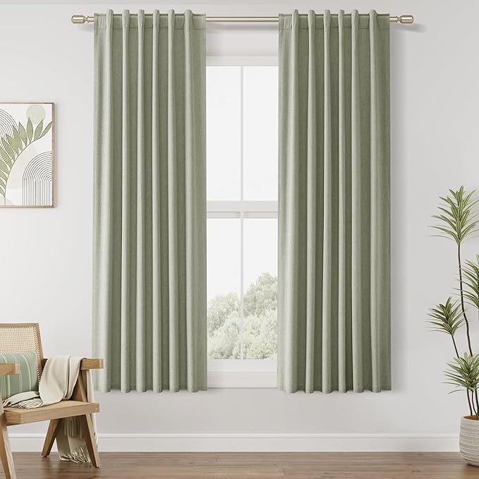 Guken 100% Blackout Linen Curtains 42 Inch Wide by 63 Inch 2 Panels Set for Living Room Bedroom Back Tab Thermal Insulated Black Out Linen Drapes Room Darkening Window Curtains, Sage Green