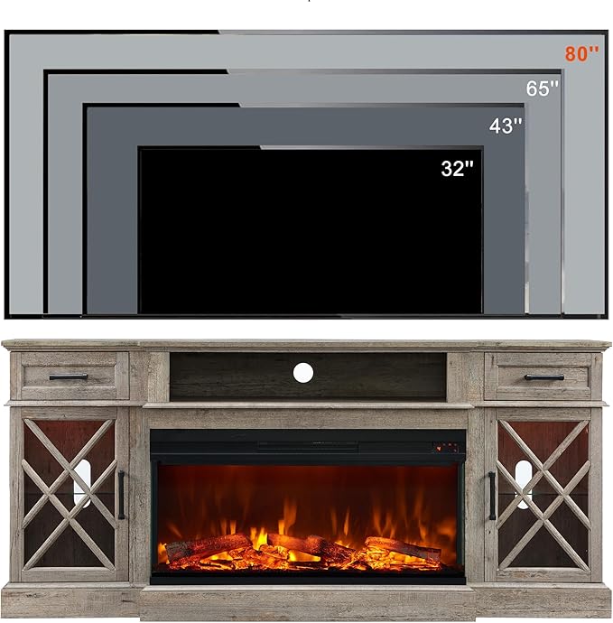 OKD 3-Sided Glass Farmhouse Fireplace TV Stand - Highboy Entertainment Center with Glass Door Storage Cabinet, 70'' Large TV Stands with Electric Fireplace, Light Rustic Oak