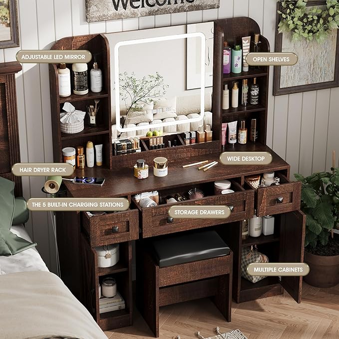 Vabches Makeup Vanity Desk, Vanity Mirror with Lights Desk and Chair,Makeup Table with 3 Large Drawers and 2 Cabinets, Time and Temperature Display, 3 LED Lighting Modes Adjustable, Brown