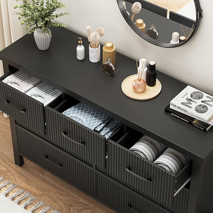 Fluted 7 Drawers Dresser for Bedroom, Modern Chest of Drawers with Metal Handle, Wood Dresser TV Stand, Wooden Closet Clothes Storage Organizer for Living Room, Hallway (Black)
