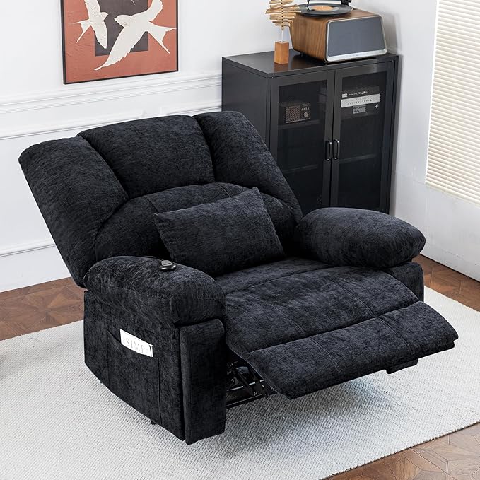 Oversized Power Recliner Chair 350lb with Hidable Cup Holders, Extra Wide Large Big Electric Recliner Chair with Lumbar Support Pillow Nursery Chair Living Room (Power, Black)