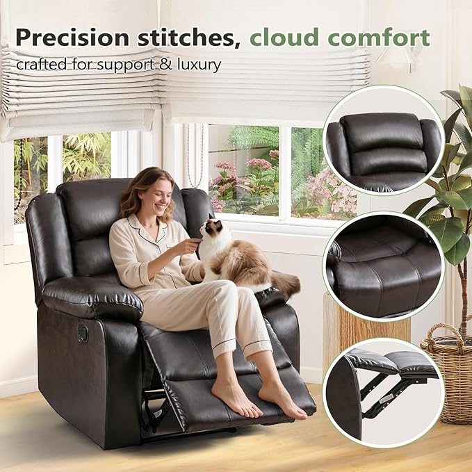 ANJ Manual Recliner Chair Set of 2, Breathable Faux Leather Reclining Chairs with Overstuffed Arm and Back, Living Room Single Sofa Recliners (Dark Brown)